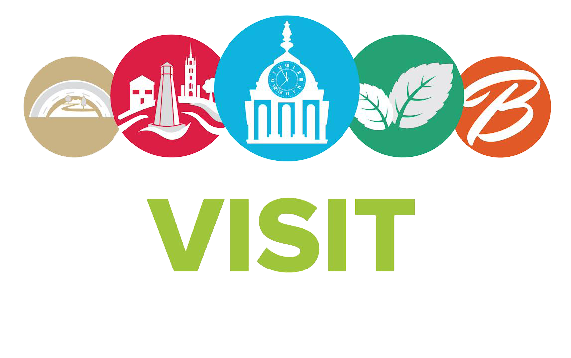 Five colorful circle logos above the word VISIT.