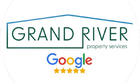 Grand River Property Services logo with Google five-star review. Green text, house outline, colorful Google logo.