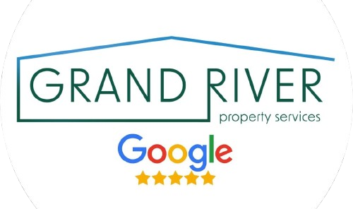 Grand River Property Services logo with Google five-star review. Green text, house outline, colorful Google logo.