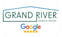 Grand River Property Services logo with Google five-star review. Green text, house outline, colorful Google logo.