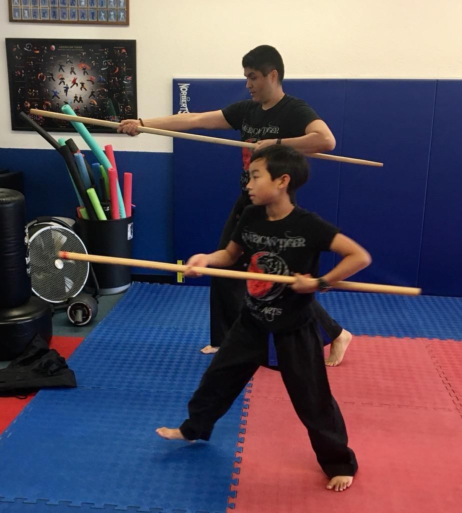 Two young boys are practicing martial arts in a gym