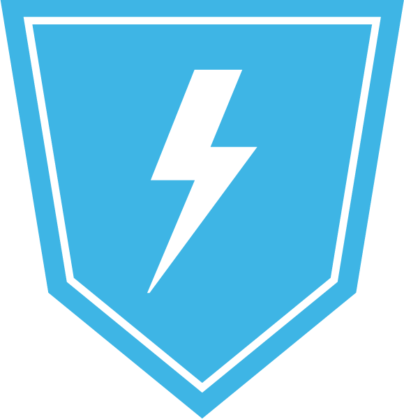 A blue shield with a white icon on it