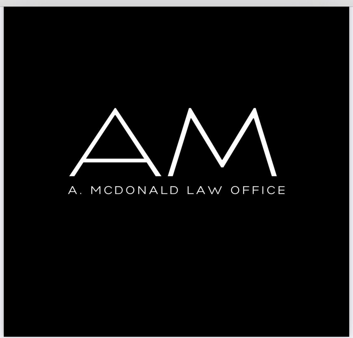 Black logo with white "AM" initials and "A. McDonald Law Office" text below.