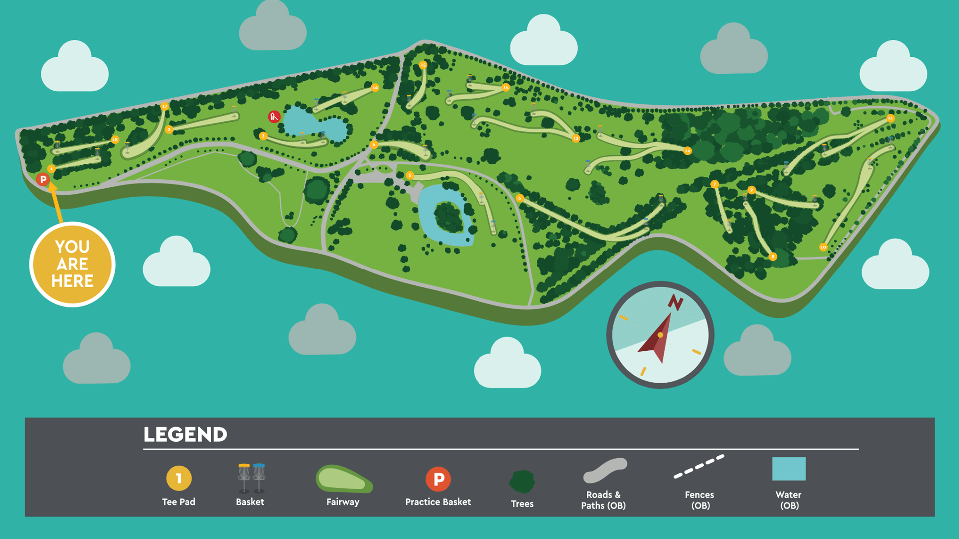 a map of a park with a compass pointing to the right .