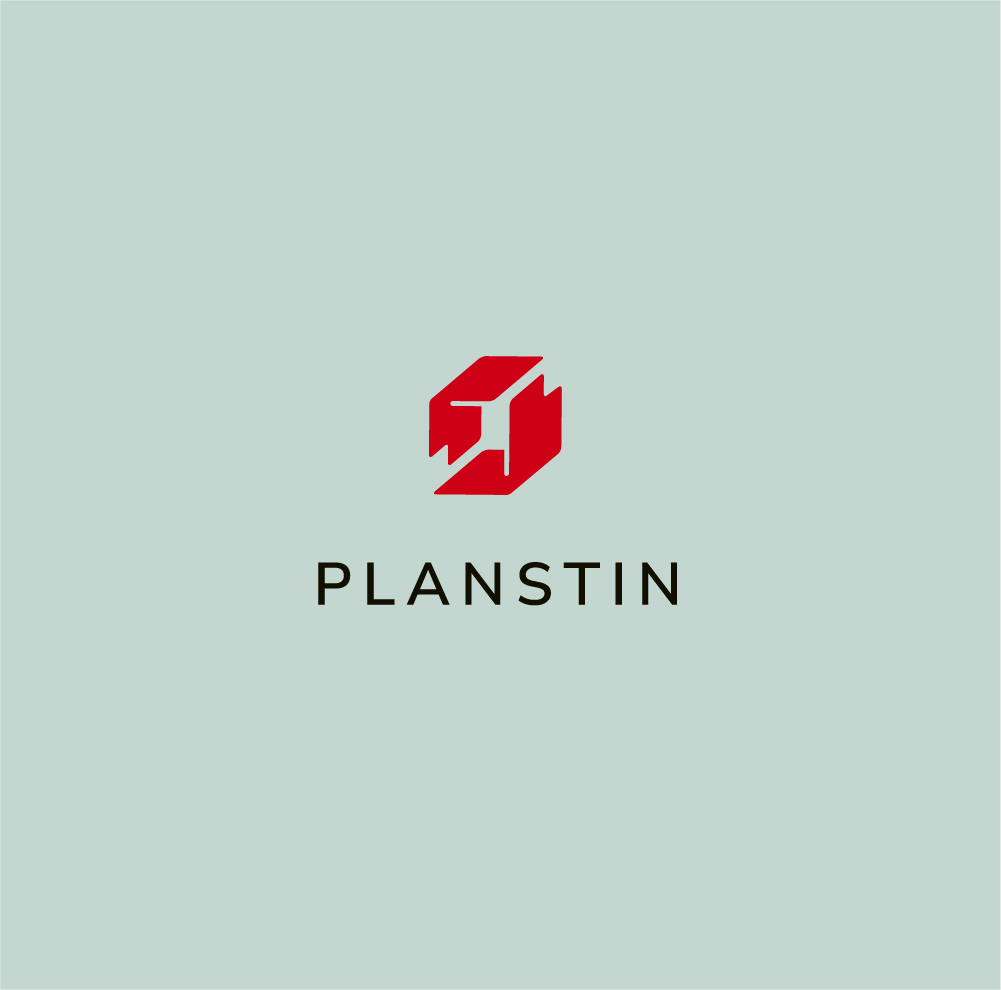 A logo for planstin with a red cube on a light blue background
