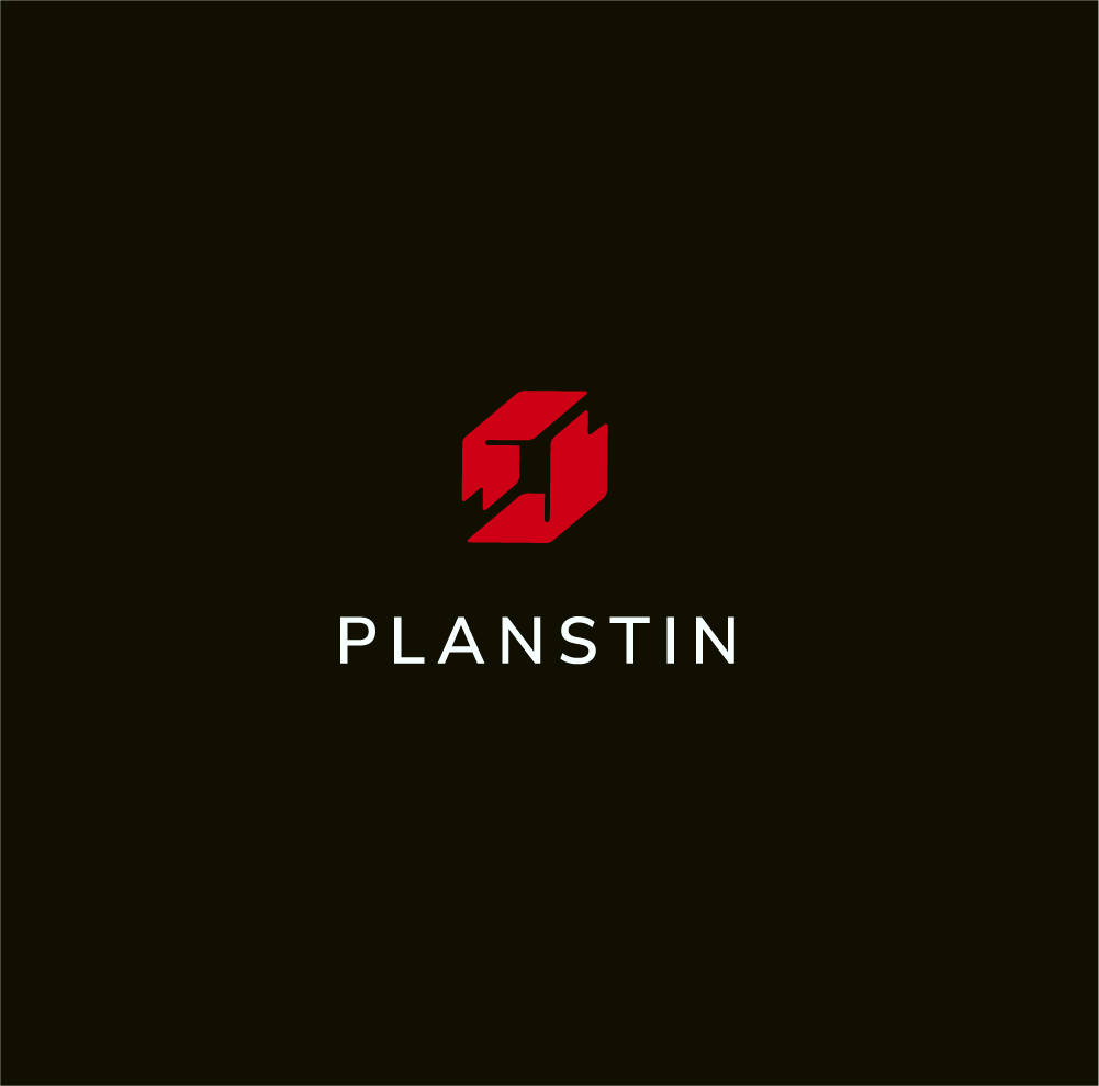 A logo for planstin with a red cube on a black background