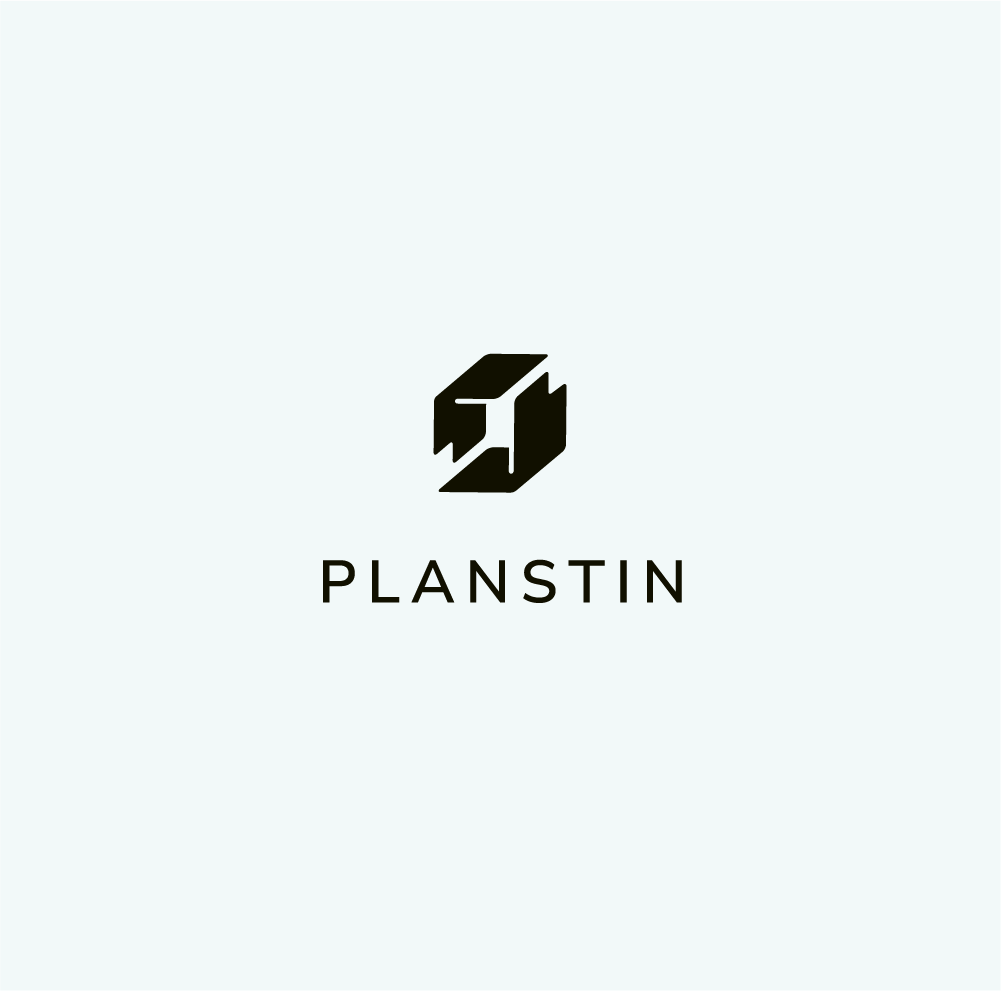 A black and white logo for a company called planstin