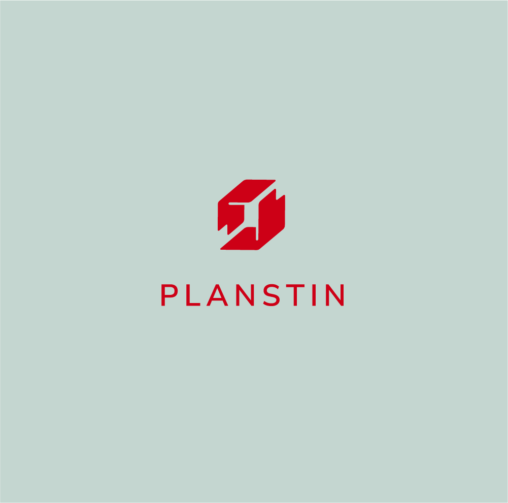 A logo for planstin with a red cube on a light blue background