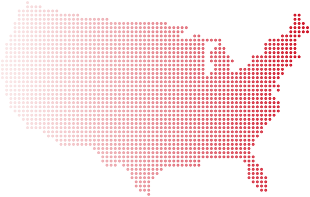 A map of the united states made of red dots on a white background.