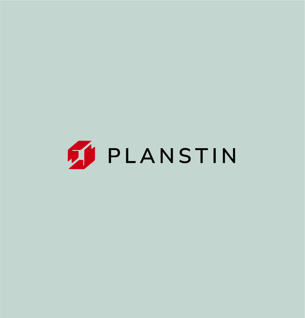 A planstin logo on a light blue background