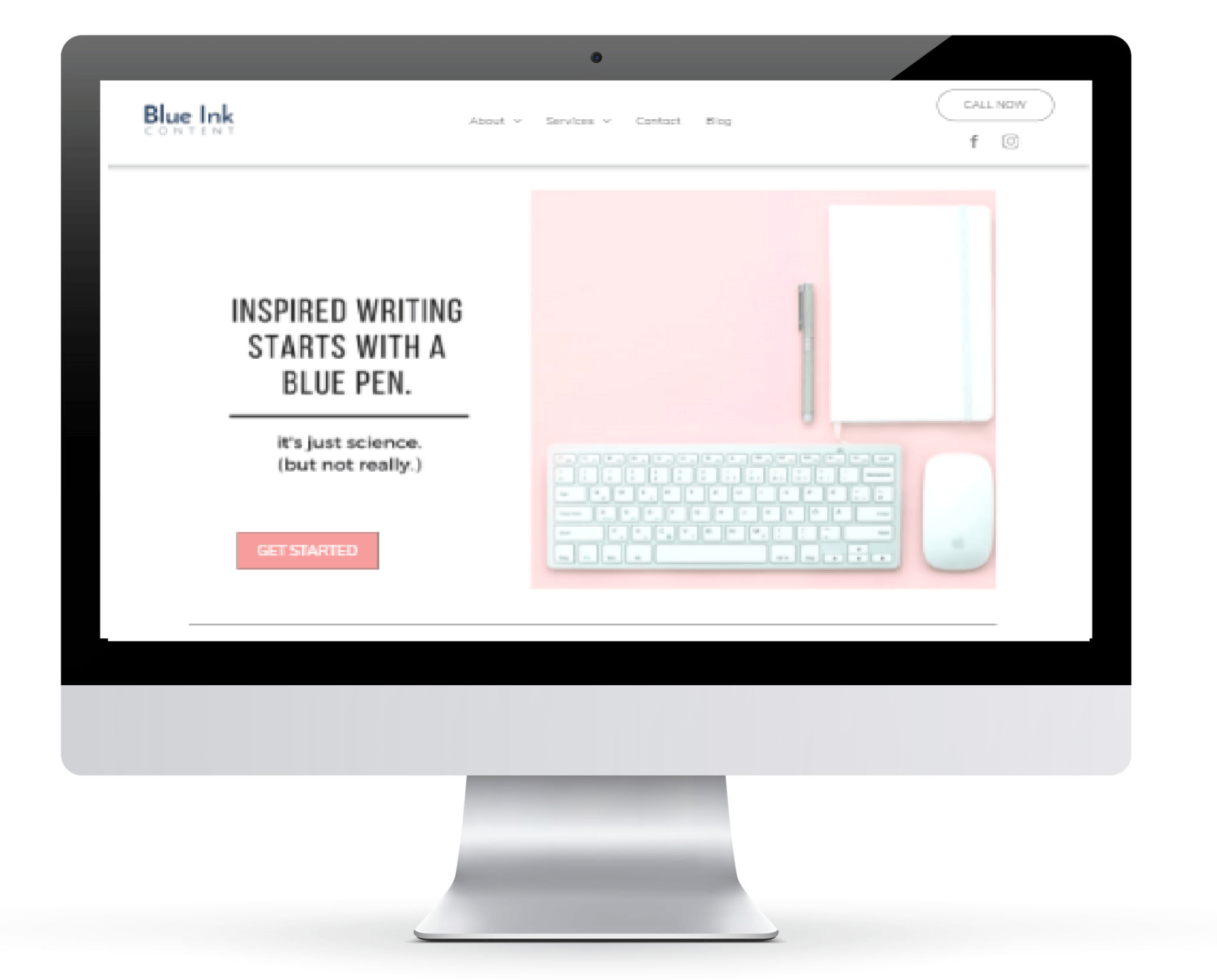 A computer monitor with a website on it that says `` inspired writing starts with a blue pen ''.