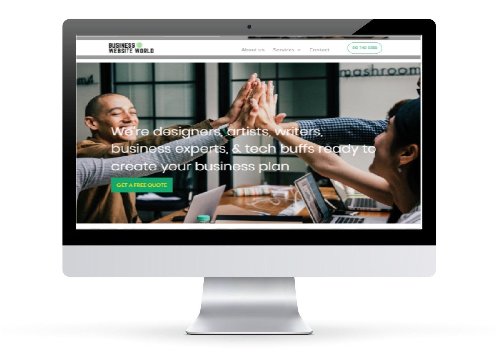A computer monitor is displaying a website with a picture of two people giving each other a high five.