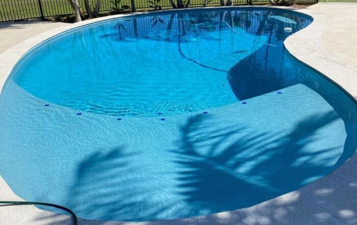 Blue Swimming Pool with A Shadow from Nearby Palm Trees — Mad Pool Interiors and Renovations in Baringa, QLD