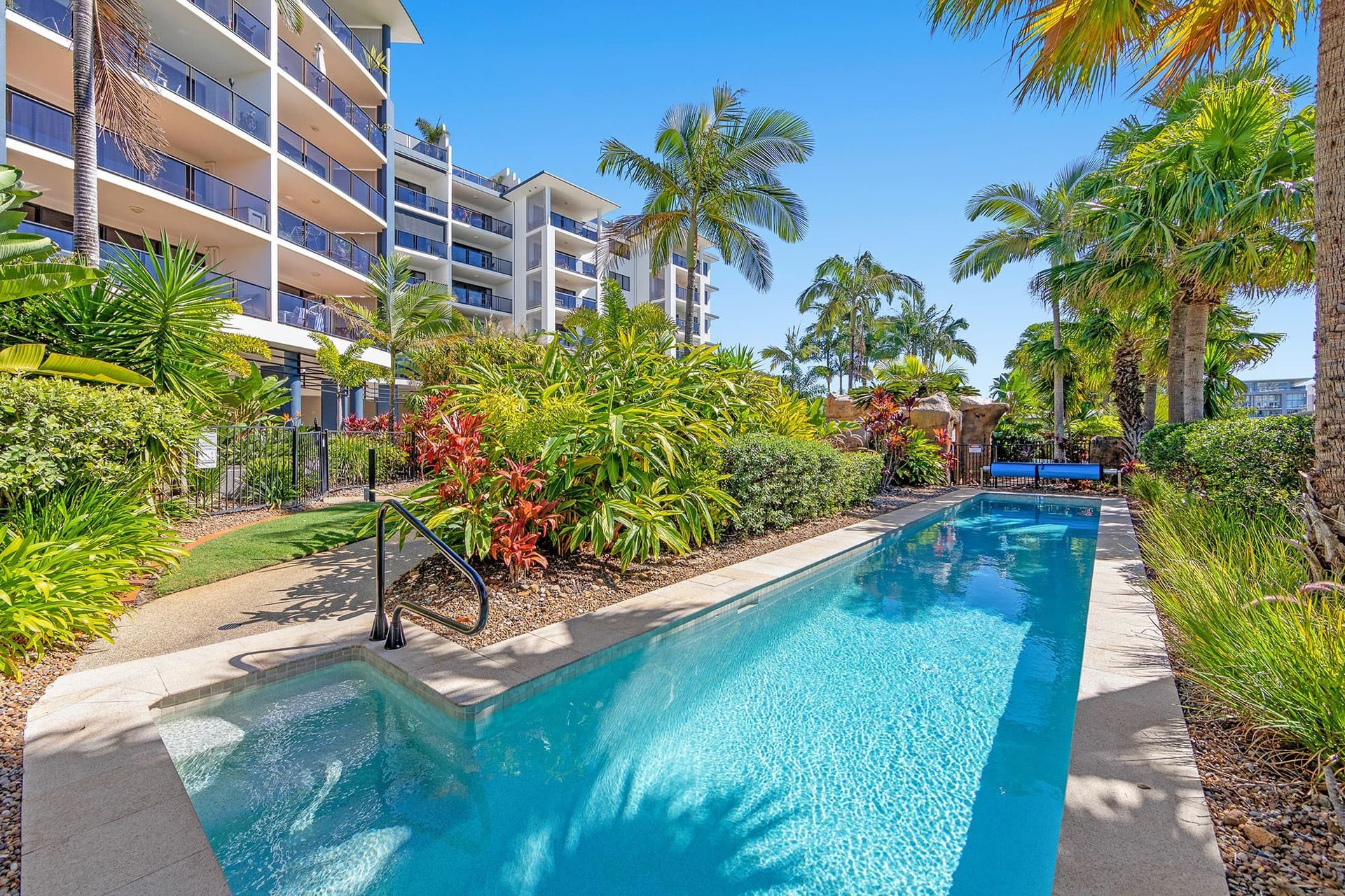 A Narrow Swimming Pool Surrounded by Lush Tropical Landscaping — Mad Pool Interiors and Renovations in Baringa, QLD