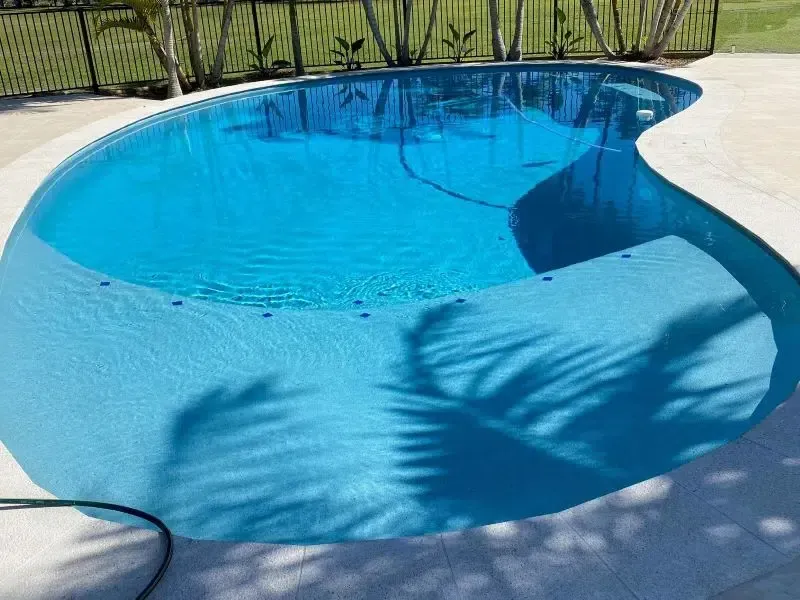 Blue Swimming Pool With Curved Edge and Concrete Deck — Mad Pool Interiors and Renovations in Baringa, QLD