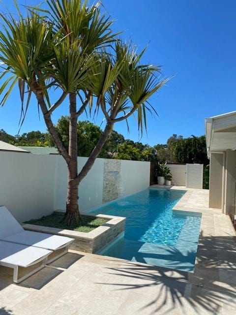 Pool With Turquoise Water, Lounge Chairs, and Palm Tree — Mad Pool Interiors and Renovations in Baringa, QLD