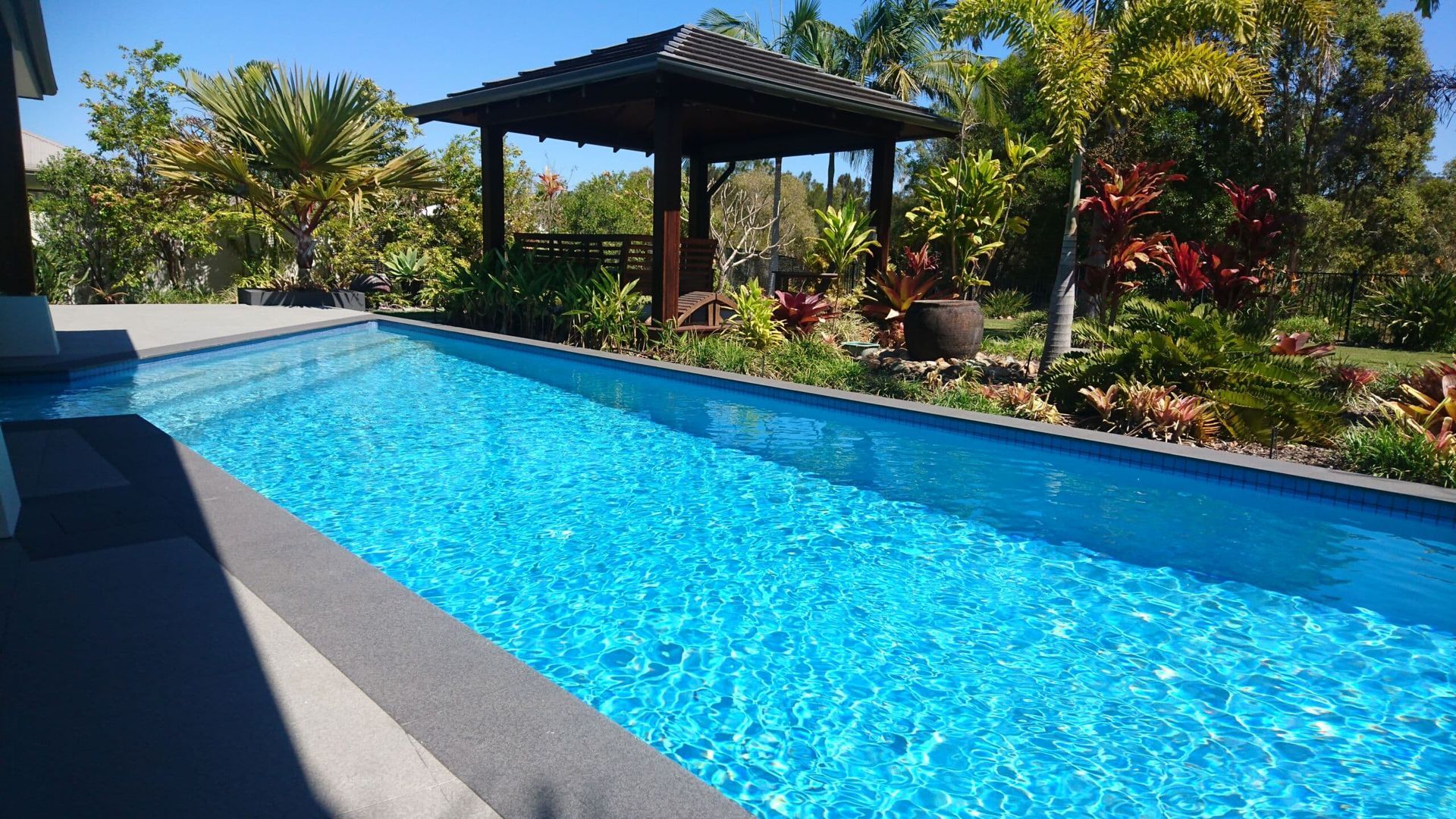 Long, Blue Swimming Pool With a Gazebo in a Tropical Garden — Mad Pool Interiors and Renovations in Baringa, QLD