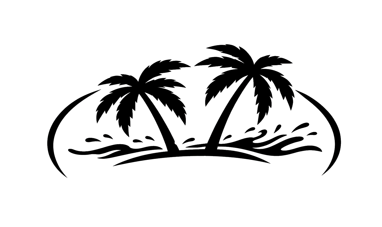 Black silhouette of two palm trees on a small island with ocean waves underneath