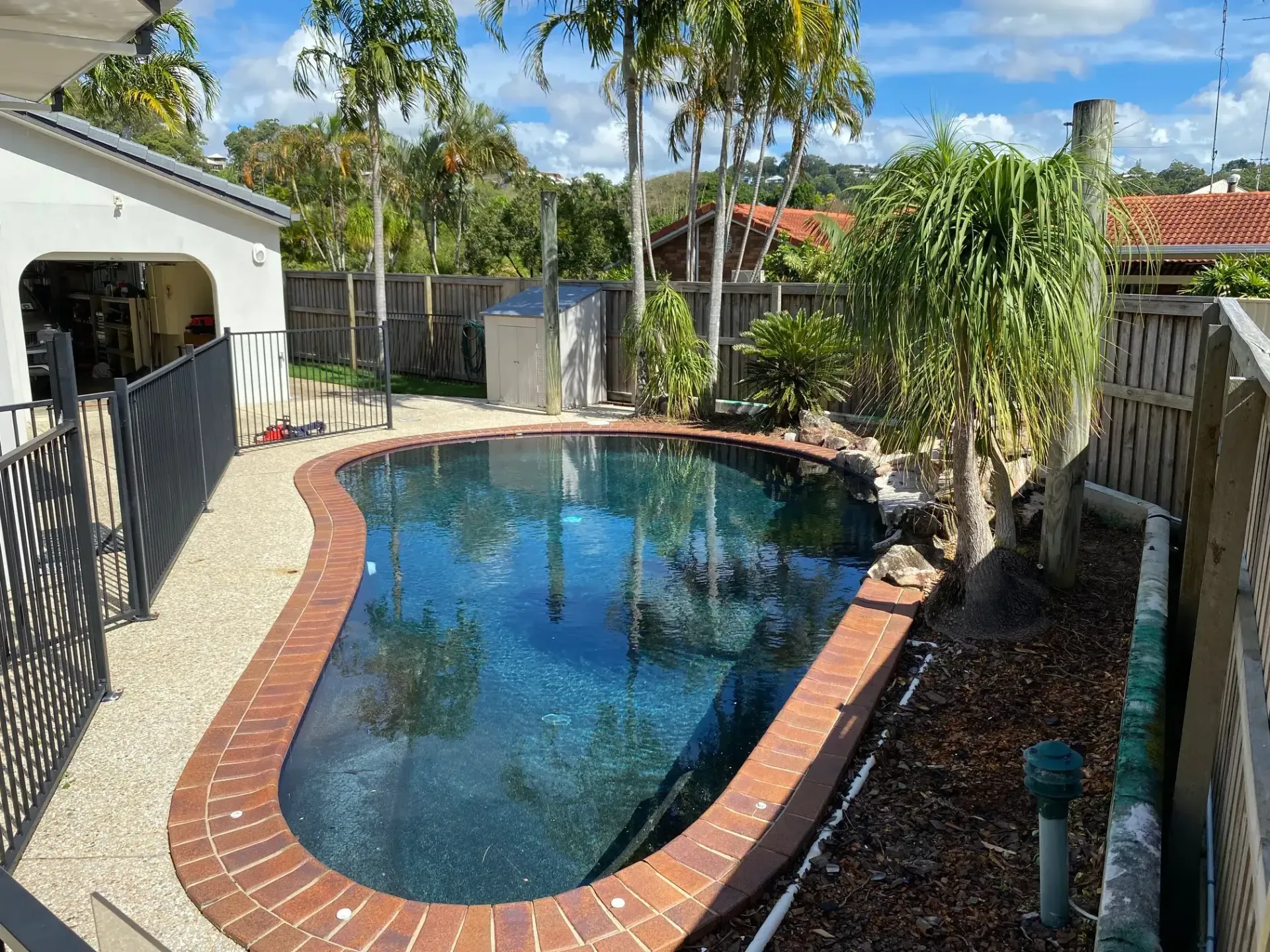 Backyard Swimming Pool With Red Brick Border — Mad Pool Interiors and Renovations in Baringa, QLD