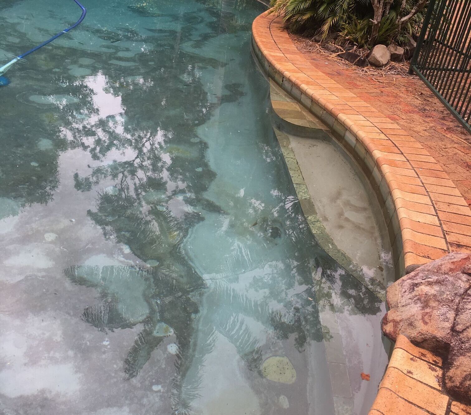Curved Brick Pool Edge Beside Murky Blue-green Water — Mad Pool Interiors and Renovations in Baringa, QLD