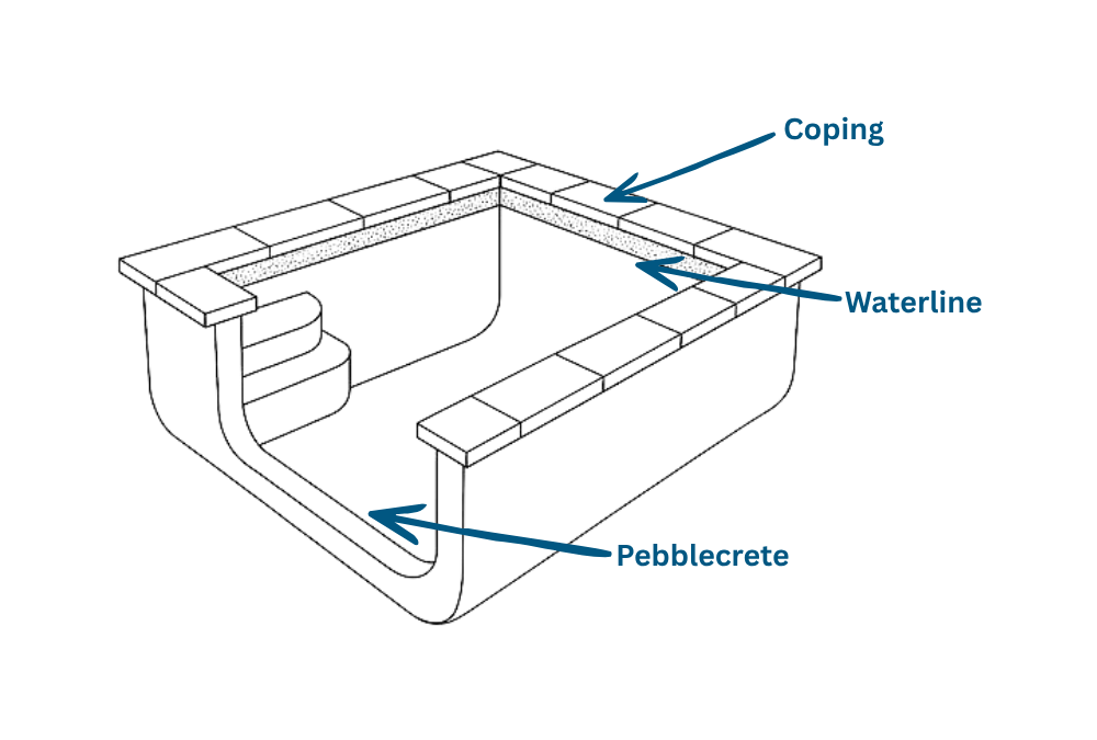 A Line Drawing of a Pool Interior With Labels Pointing to the Coping — Mad Pool Interiors and Renovations in Baringa, QLD