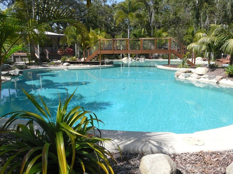 Swimming Pool With Wooden Bridge, Surrounded by Tropical Plants — Mad Pool Interiors and Renovations in Baringa, QLD