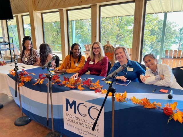 A group of women are sitting at a table with microphones.