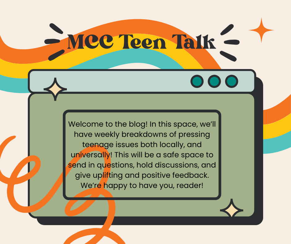 A poster for mee teen talk with a rainbow in the background