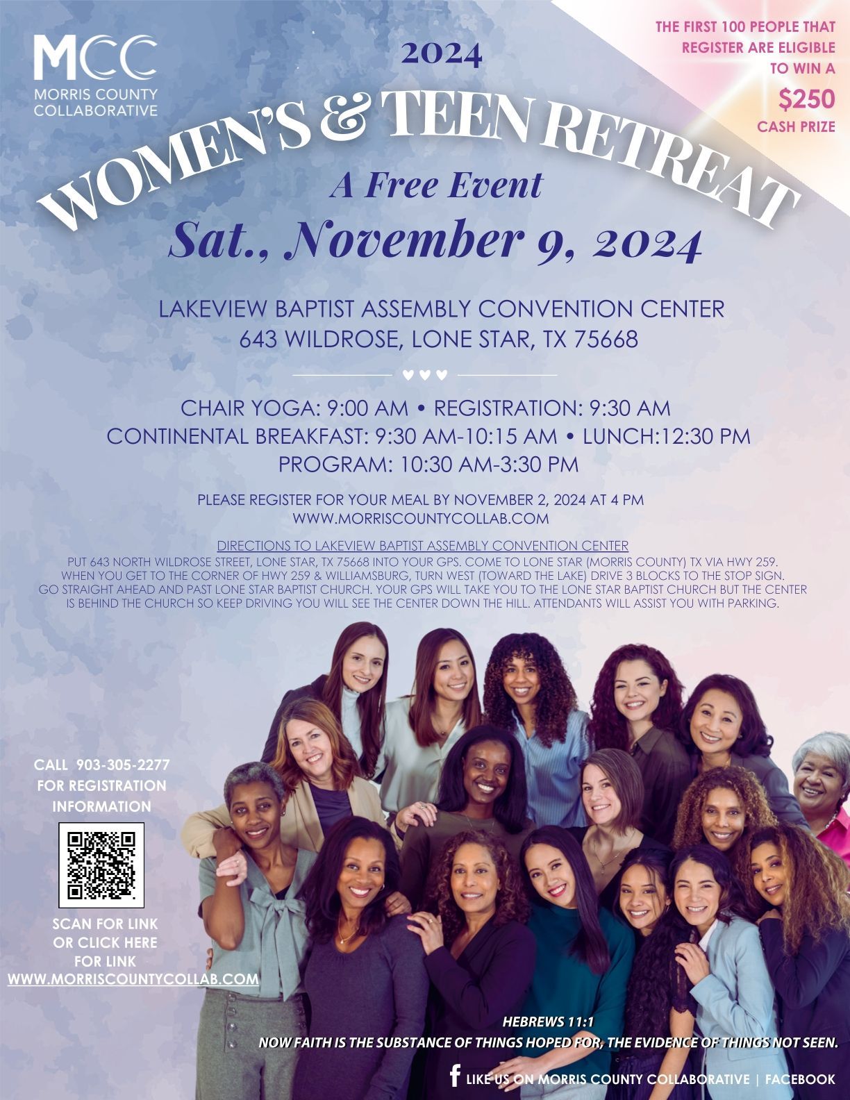 A group of women are standing next to each other on a poster for a women 's and teen retreat.