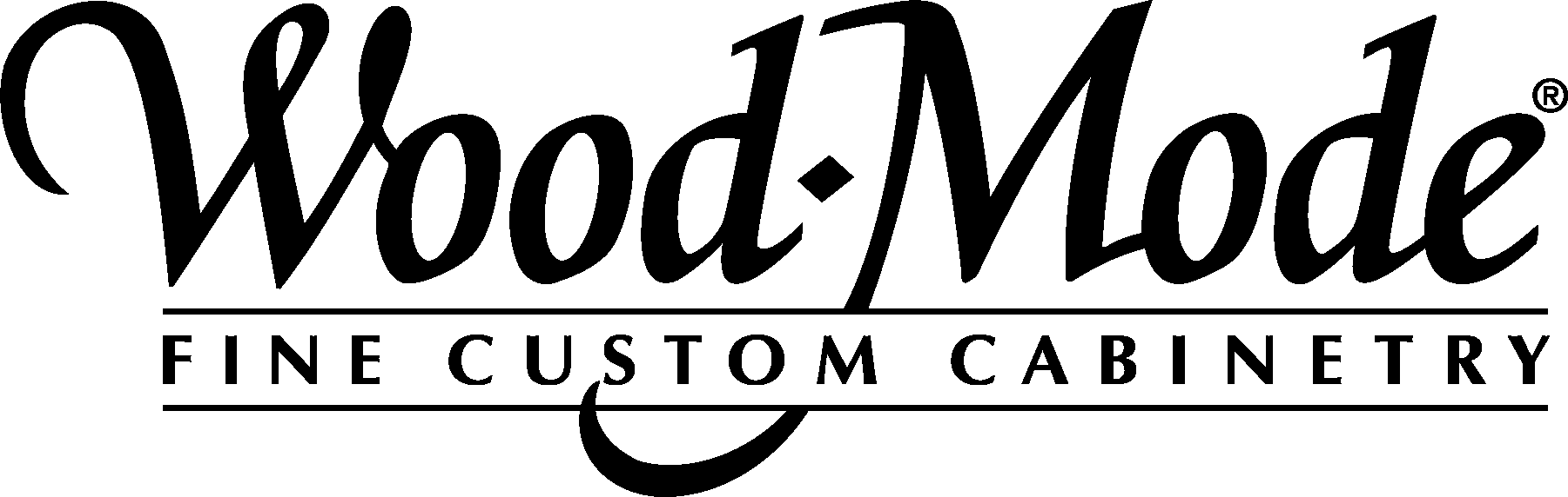 The logo for wood mode fine custom cabinetry is black and white.