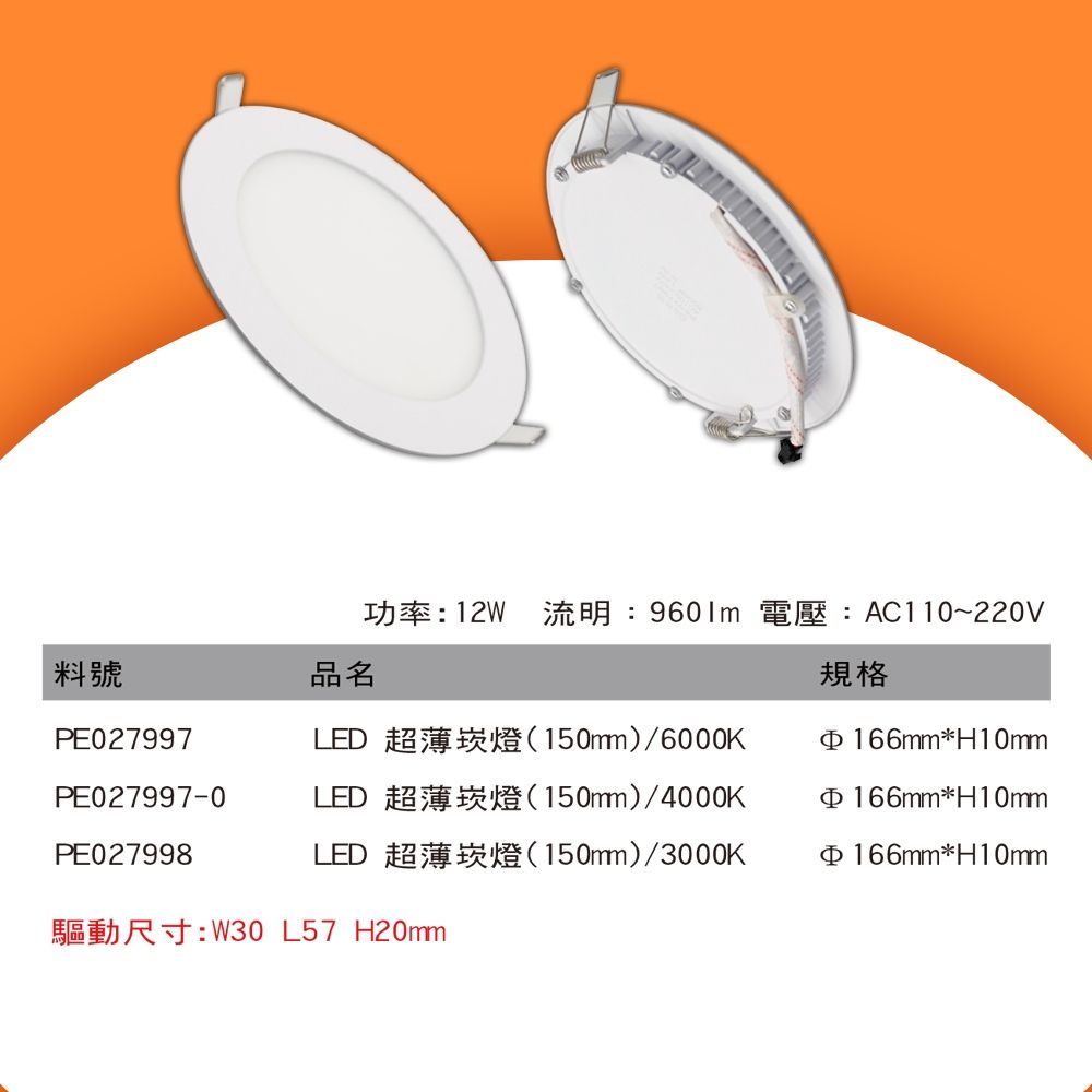 【五星級】LED 12W 超薄崁燈 Ø150mm