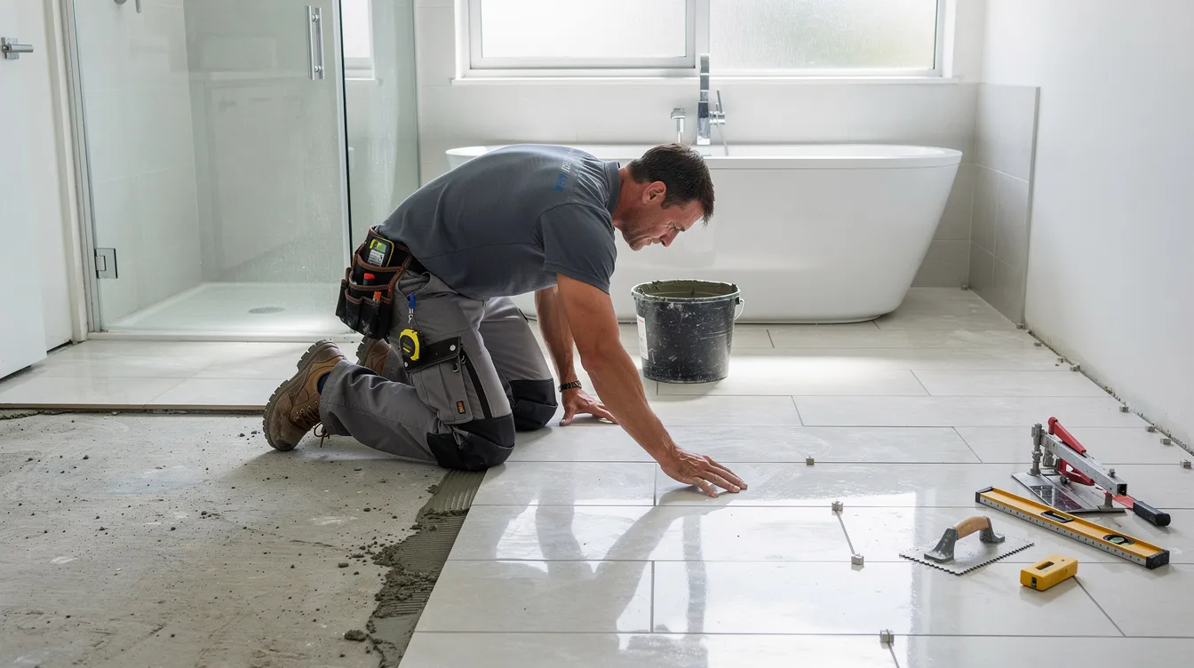 A professional tile installer is carefully laying down porcelain and ceramic tiles on a bathroom floor renovation, using specialized tools to ensure precise grout lines and a durable finish. The image showcases the meticulous process of installation, highlighting the choice of ceramic flooring as an attractive and water-resistant option for wet areas.