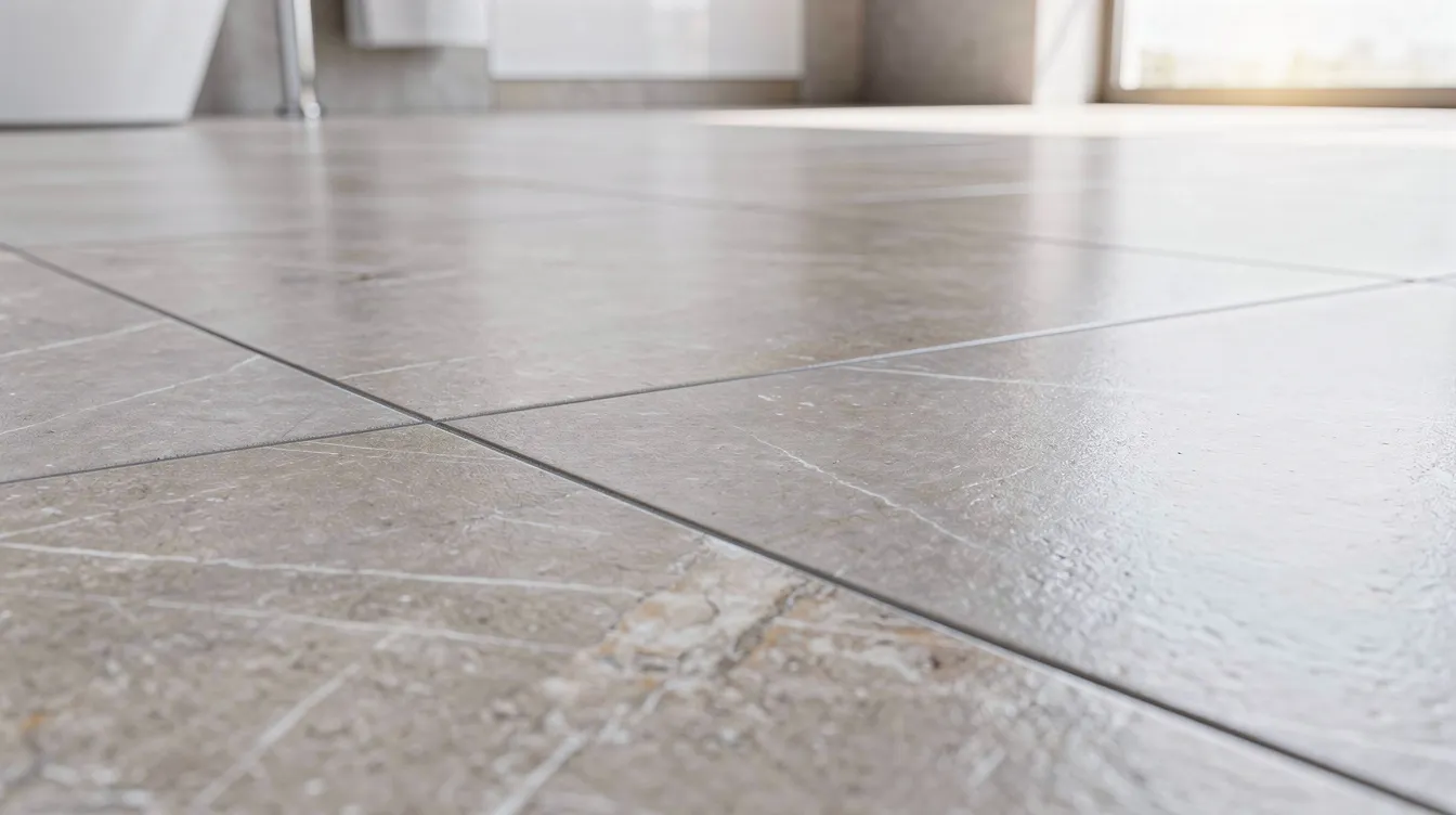 The image shows a close-up view of large-format porcelain tiles installed on a modern bathroom floor, highlighting their smooth surface and grout lines. These porcelain tiles are known for their exceptional durability and water resistance, making them an excellent choice for high moisture environments like bathrooms.