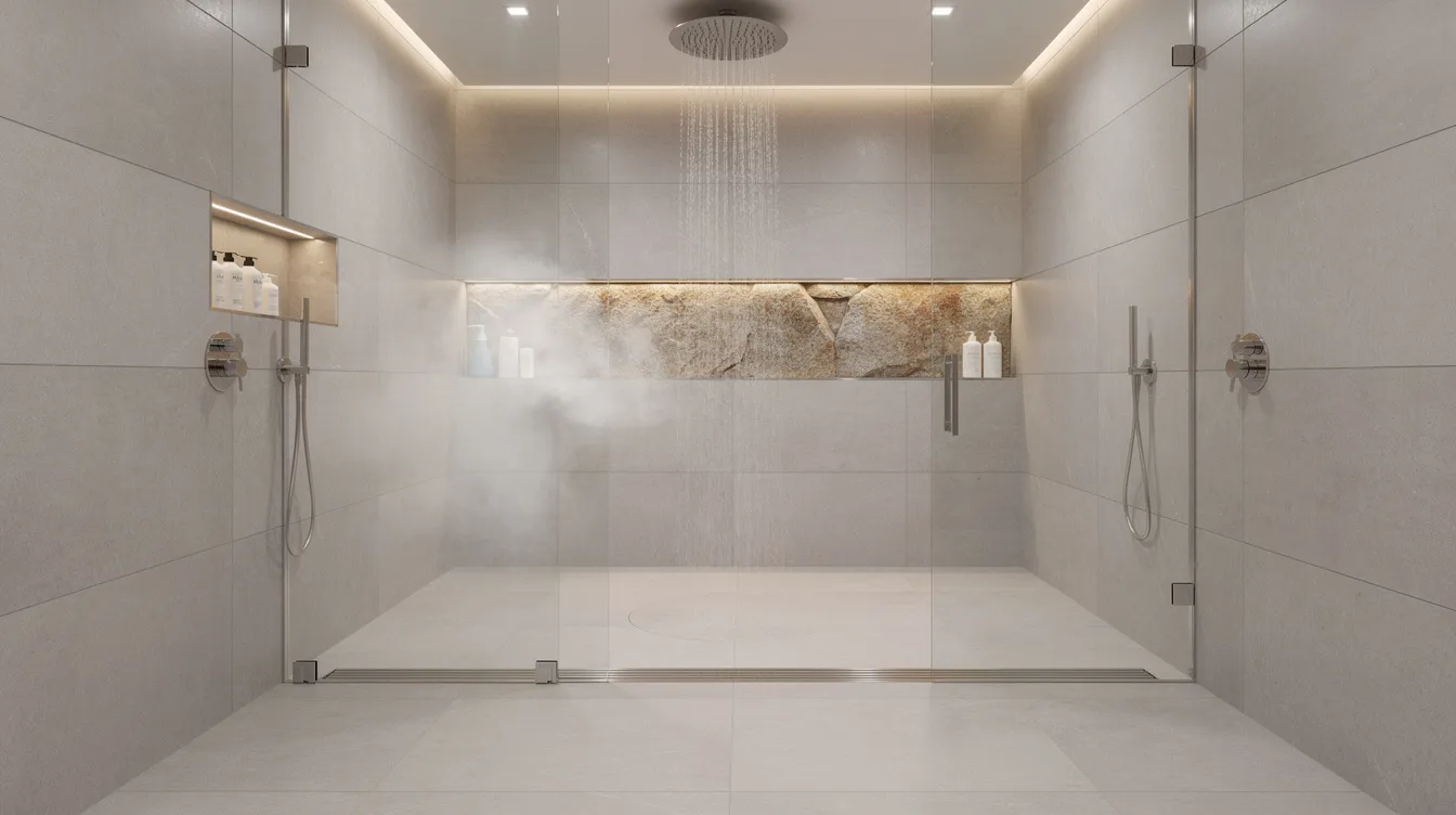 This image features a luxurious walk-in shower, showcasing a sleek linear drain and an elegant rainfall showerhead, designed to enhance the existing home's bathroom space. The modern design elements create a tranquil atmosphere, perfect for a home remodel that adds both functionality and value to the living space.