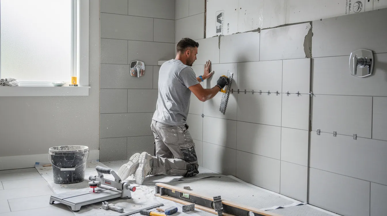 A professional tile installer is carefully laying down ceramic or porcelain tiles on the shower walls of a bathroom, utilizing specialized tools to ensure precise grout lines and proper waterproofing for high moisture environments. The scene highlights the importance of using durable materials that offer exceptional water resistance, making them suitable for long-lasting bathroom installations.