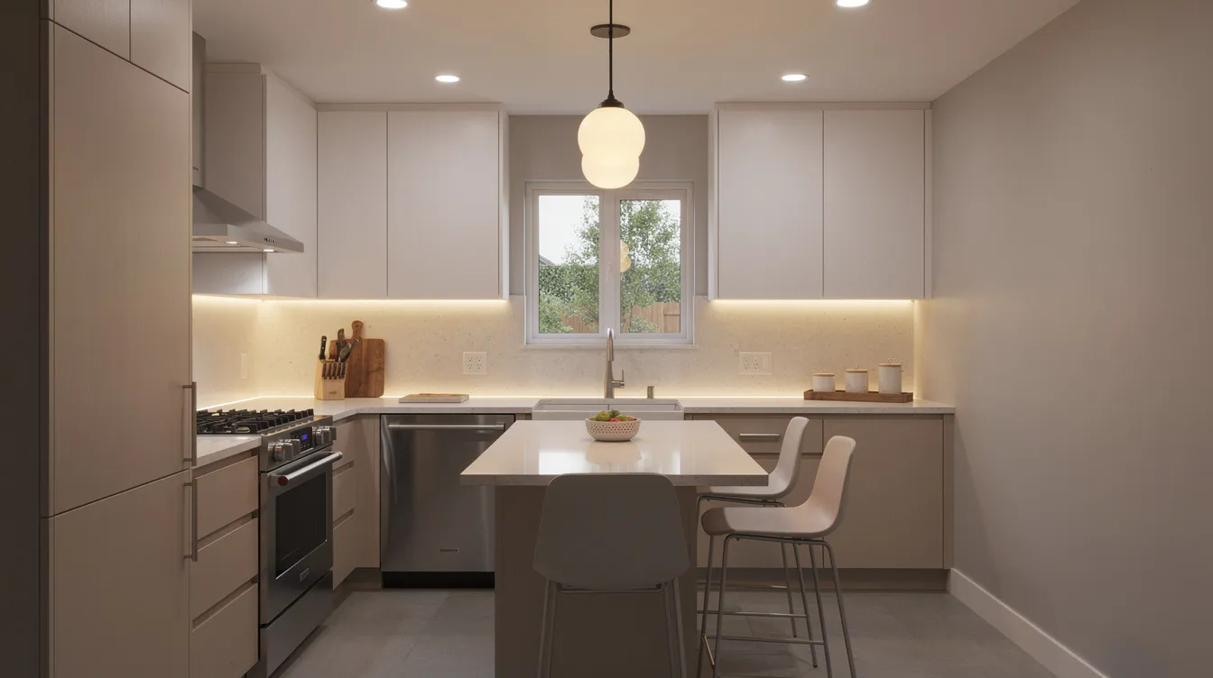The image depicts a cozy small kitchen featuring layered lighting, including under-cabinet lights and pendant fixtures over a kitchen island, which enhances the space's visual interest. The green cabinets and stainless steel appliances complement the ample storage solutions, making it an ideal design for maximizing space in a tiny kitchen.