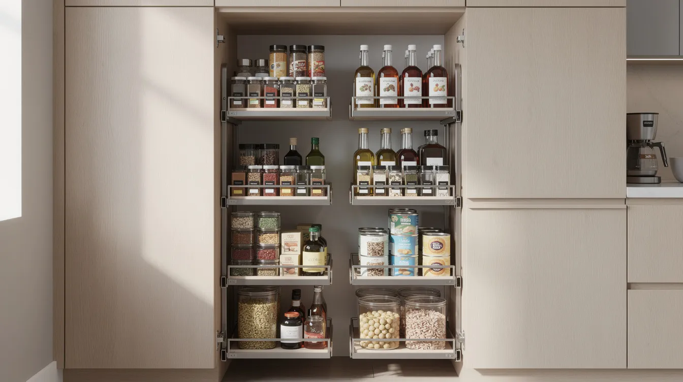 The image features pull-out pantry shelves within a narrow kitchen cabinet, showcasing an organized array of spices and cooking essentials that maximize storage in a small kitchen. The green cabinets and efficient use of vertical space enhance the overall functionality and aesthetic of this compact kitchen design.