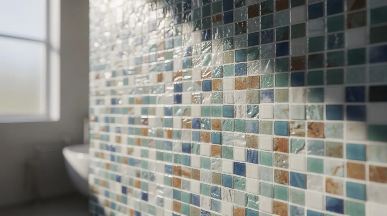 A close-up view of vibrant porcelain mosaic tiles arranged in intricate patterns on a bathroom wall, illuminated by natural light. The small mosaic sheets create a stunning focal point, adding visual interest and texture to the space.