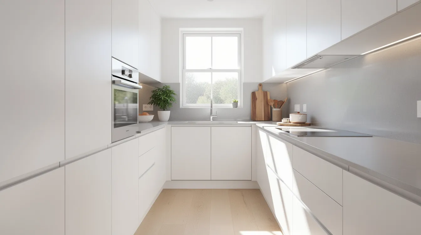 The image depicts a bright modern galley kitchen featuring white cabinets and ample counter space, illuminated by natural light streaming through a window. The clean design includes stainless steel appliances and a cozy dining nook, showcasing effective storage solutions that maximize space in this small kitchen.