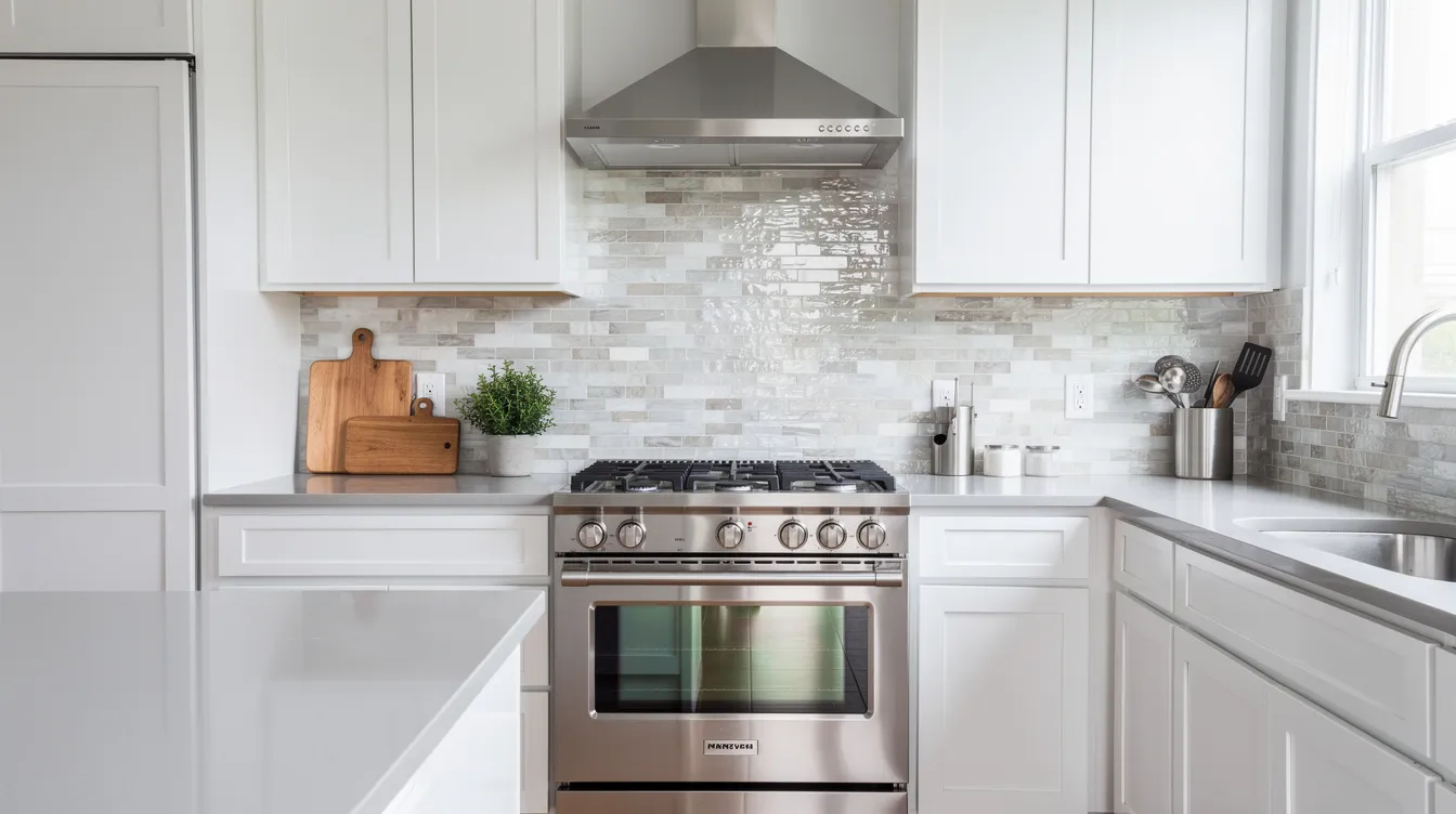 The image features a bright modern kitchen with a stunning glass and stone mosaic backsplash, showcasing intricate patterns and vibrant colors behind a sleek stainless steel range. This unique kitchen design serves as a captivating focal point, combining natural stone mosaics and contemporary materials to create visual interest.