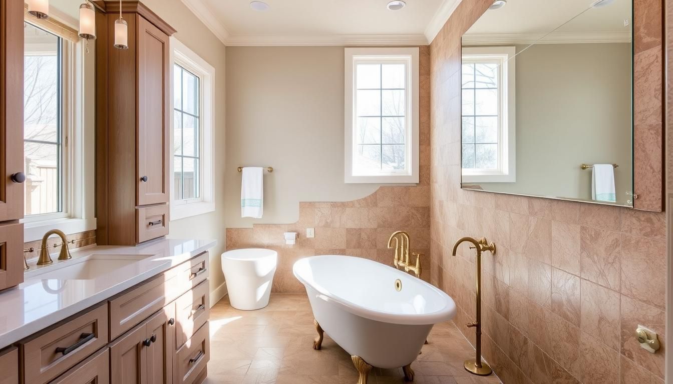 A bathroom with a claw foot tub , sink , toilet and mirror.