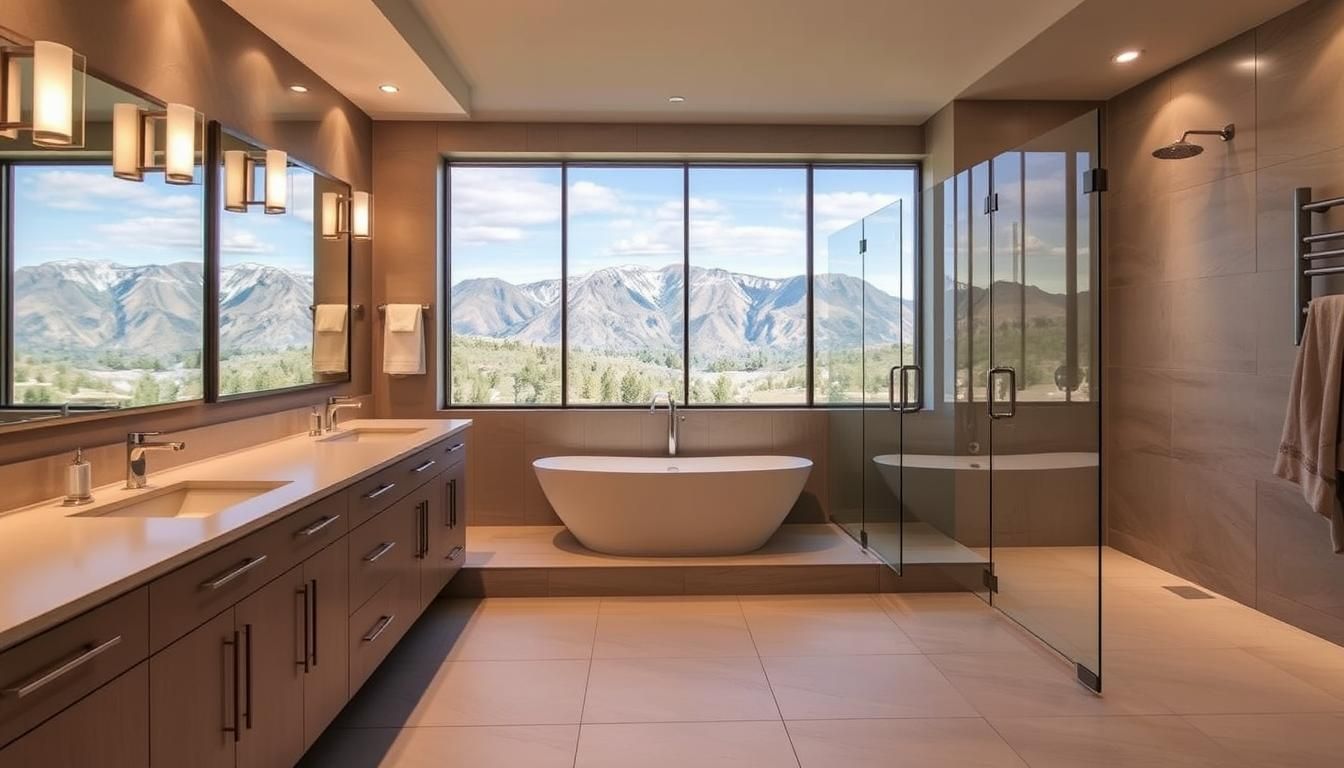 A bathroom with a tub , sinks , and a large window with mountains in the background.
