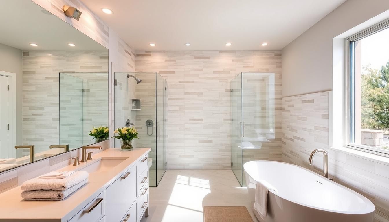 A bathroom with a tub , sink , shower and mirror.