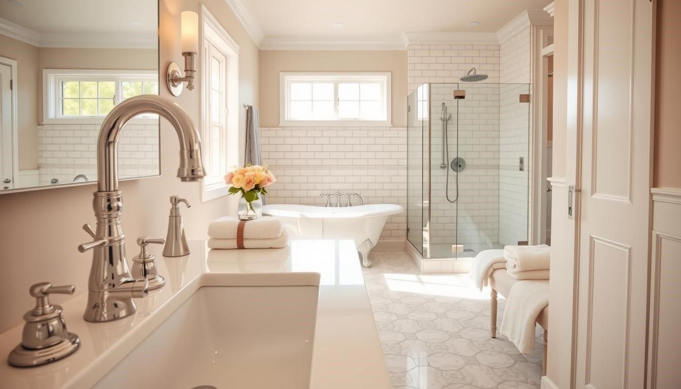 Elegant, bright bathroom with white fixtures and walls, including a sink, tub, and glass shower.