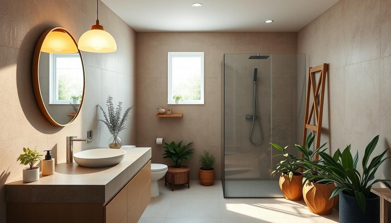 Modern bathroom with neutral tones, plants, wood accents, and a glass shower.