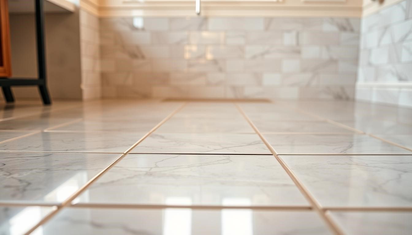 Marble tile floor, close-up view. Reflected light, lines of grout visible.