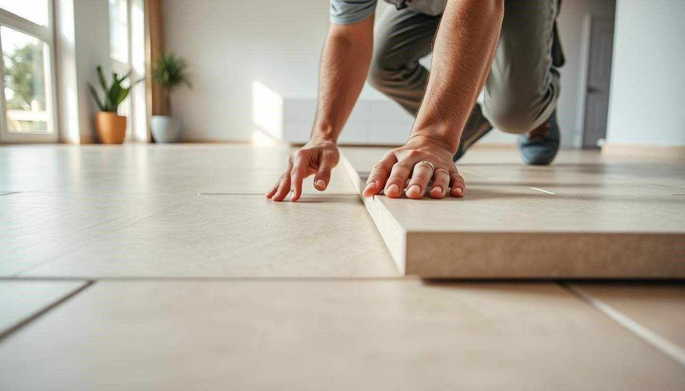 Person installing a light-colored wooden floor, hands close up, kneeling inside a room.