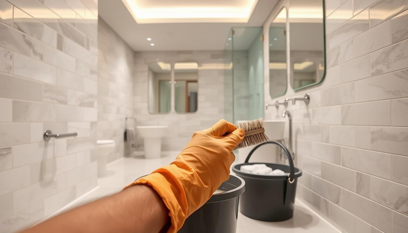 A person is cleaning a bathroom with a sponge and bucket.