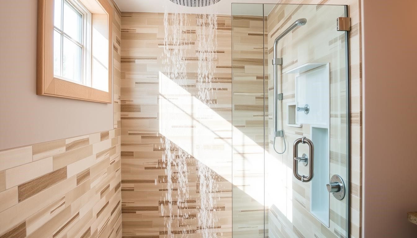 Shower with glass door, light-colored wood-look tile, running water, and a window.