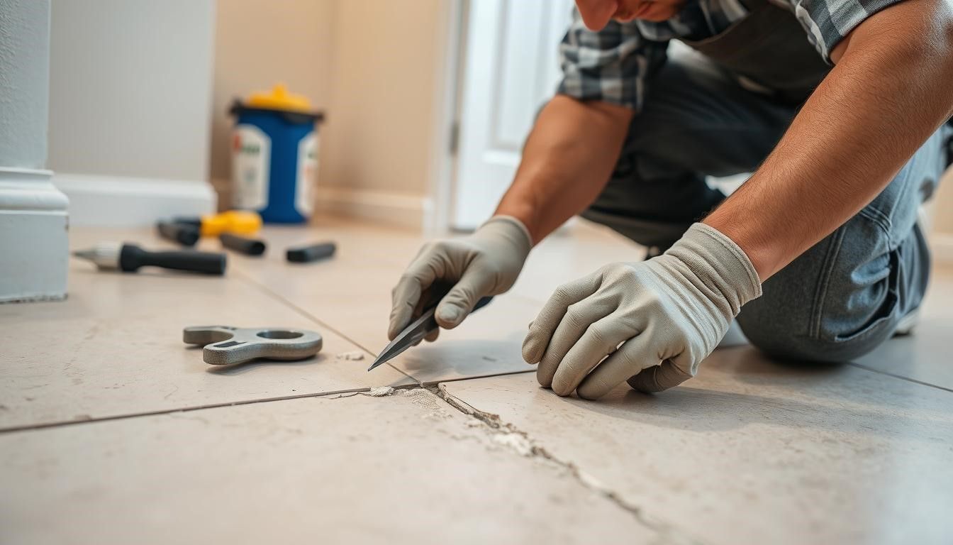 Person kneeling, removing grout from floor tiles with a knife, in a home.